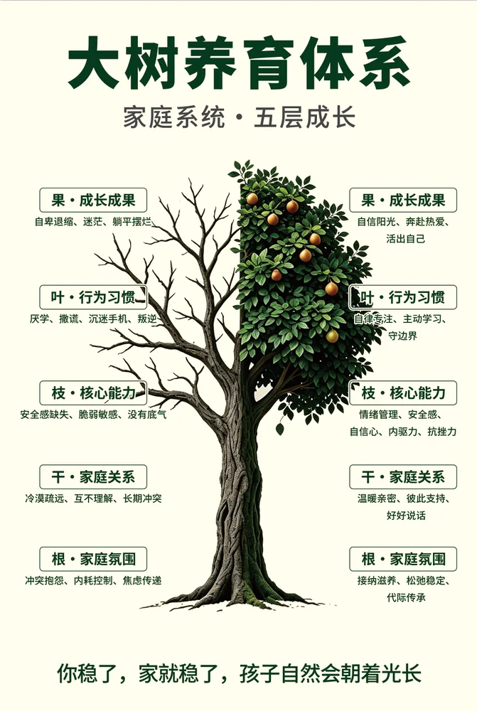 大树养育体系五层模型：左枯右荣对比图